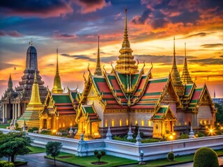 Fototapeta premium Temple of the Emerald Buddha at Dusk - Wat Phra Kaew, Thailand's Iconic Landmark