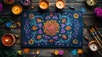 A beautifully designed Diwali greeting card on a rustic wooden table, featuring hand-painted rangoli designs, diyas, and festive messages. Surrounding the card are paintbrushes, bright inks,