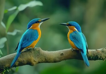 Two vibrant kingfishers perched on a branch amidst lush greenery in a tranquil forest setting