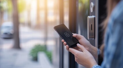 A woman passes a phone scan to her home's digital door lock security system.
