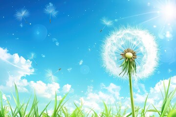 A dandelion standing tall against a blue sky with fluffy clouds and drifting seeds