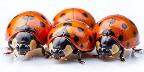 Fototapeta premium Three Black Ladybirds with Orange Spots Isolated on White Background for Nature and Insect Photography