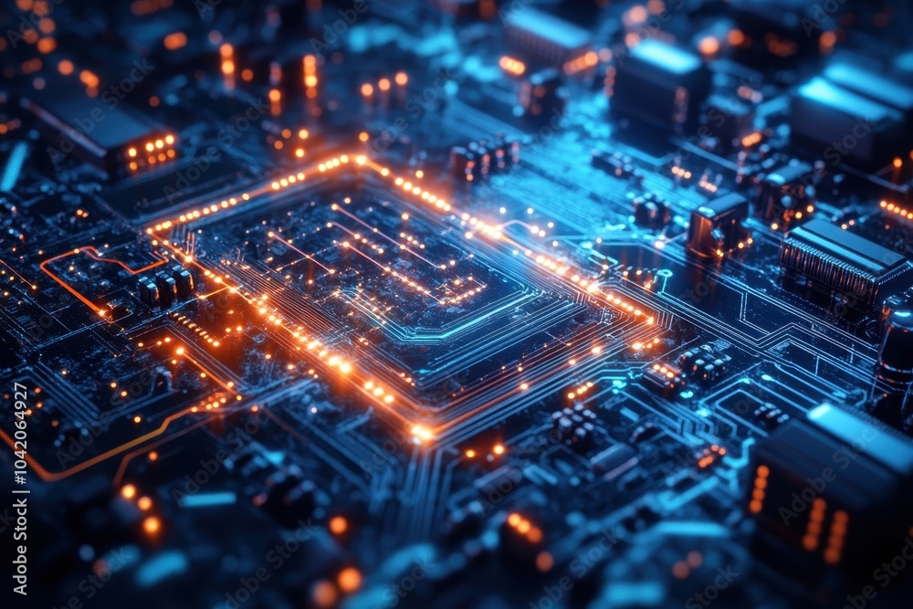 Poster intricate circuit board with glowing components in a high-tech electronics environment