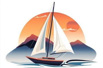 Fototapeta premium Sailboat gliding through tranquil waters at sunset near picturesque mountains