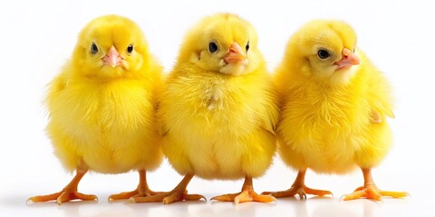 Fototapeta premium Three Yellow Chickens with Shadows Isolated on White Background for Stock Photography