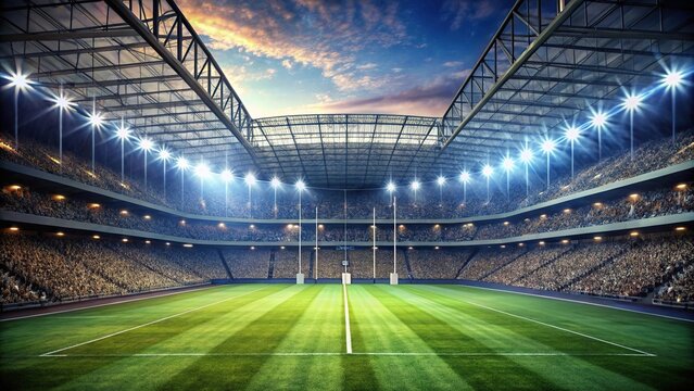 Covered rugby arena packed with spectators lit by spotlights