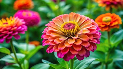 Colorful zinnia flower and green leaves in nature wide-angle shot