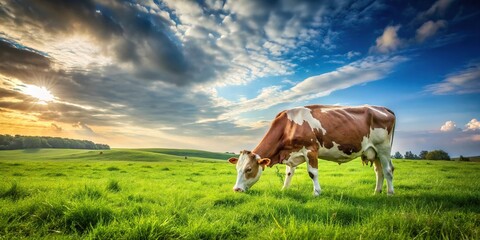 Cow grazing in green meadow under open sky