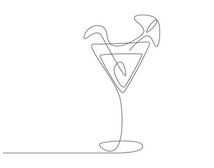 Continuous one line drawing of cocktail martini glass. One line drawing illustration of martini glass. World martini day concept single line. Editable outline