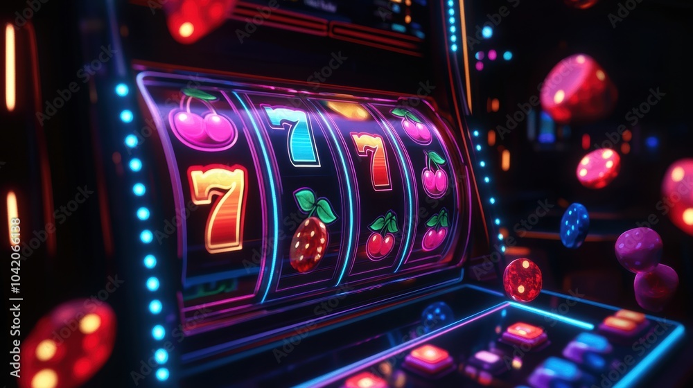 Poster the slot machine screen lights up with colorful reels featuring classic symbols like cherries, seven