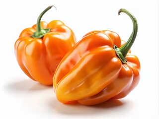 Tilt-Shift Photography of Two Isolated Orange Habanero Peppers on White Background for Culinary and Food Art