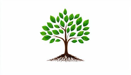 Fototapeta premium Stylized tree design with lush green leaves and a strong trunk, on a white isolated background.
