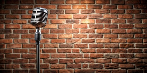 Comedy stage microphone against brick wall backdrop