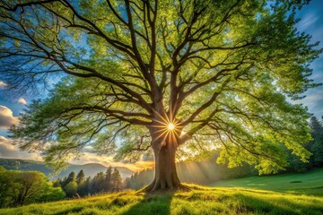 Fototapeta premium Point of view looking up at sun peeking through branches in woods