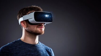 Man exploring space simulation with virtual reality headset