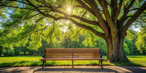 Comfortable bench under tree providing shady spot for contemplation