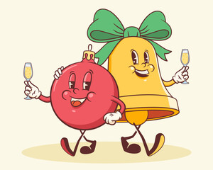 Groovy Christmas Bell and Bauble Retro Characters. Cartoon Xmas Decorative Ball and Chime Personage Banner. Vector Winter Holiday Mascot Template Background. Happy Vintage Cool Illustration Isolated