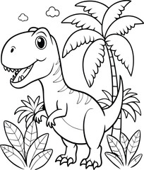 Fototapeta premium Drawing black line art dinosaur coloring page, cute doodle dinosaur outline coloring book for kids.