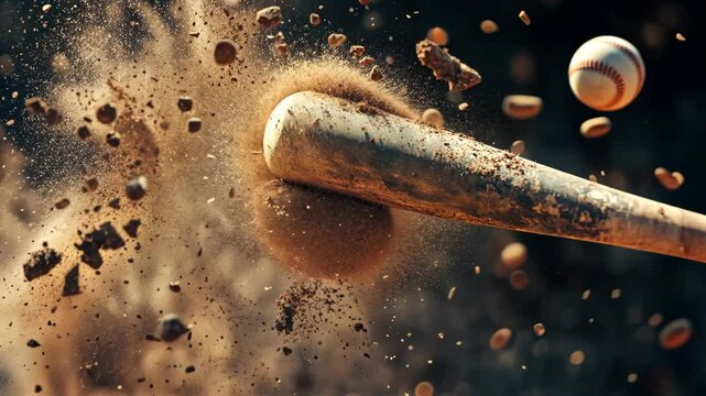 A baseball bat connects with a ball, sending dirt and dust flying into the air during a game