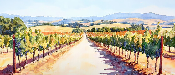 Obraz premium A picturesque vineyard landscape with rows of grapevines flanking a dirt road, set against rolling hills and blue skies.