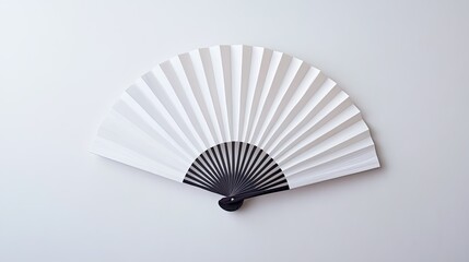 Overhead shot of a fully opened white folding hand fan, displayed flat against a seamless white background.
