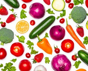 A vibrant arrangement of fresh vegetables and fruits on a white background, showcasing healthy and colorful produce varieties.