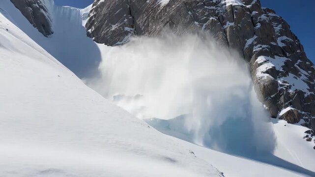 A massive snow avalanche in the mountain. A snow-covered landscape, a high-altitude landscape. The high-altitude landscape features a snow-covered terrain. AI-Generated