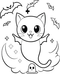 Obraz premium Hand-drawn Bat sitting pumpkin Spooky line art coloring page, kids coloring book. Generative Ai