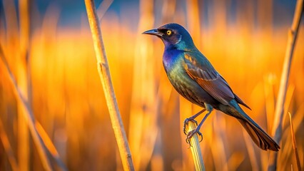 Common grackle perching on a dry reed during the sunset at a tilted angle