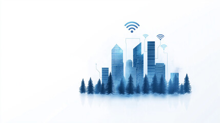 Fototapeta premium Futuristic city skyline with wifi signals and holographic network lines, advanced technology powering the urban landscape