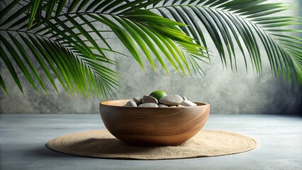 Obraz premium Tranquil Still Life with Wooden Bowl, Sand, Rocks, and Palm Leaf in Serene Interior Setting