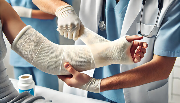 Healthcare professional applying cast to patient&rsquo;s broken arm. show step-by-step process, including wrapping the soft padding around the arm, followed by application of the plaster or fiberglass cast.