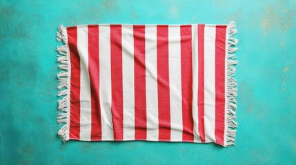A striped red and white beach towel on a turquoise background