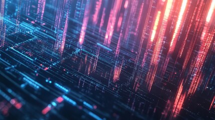 Big data visualization concept with bright glowing lines on abstract technology background. 3d rendering. Big Data. Ultra realistic. Photorealistic