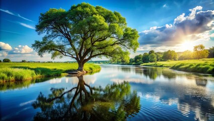 Obraz premium Tranquil Tree and River Landscape Logo Design for Nature Lovers and Outdoor Enthusiasts