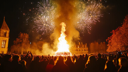 Guy Fawkes Night, Guy Fawkes effigy burning in the middle of a giant bonfire, crowd of people with beaming faces from the bonfire watching, Ai generated images