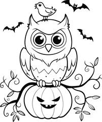 Owl sitting Spooky pumpkin bat line art coloring page, kids coloring book. Generative Ai