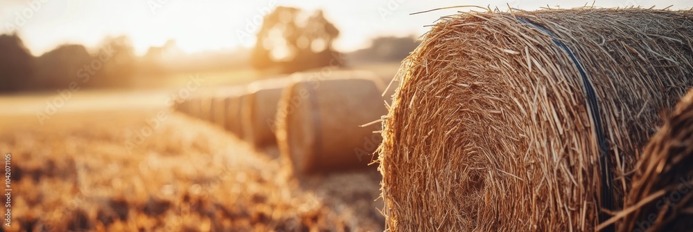 Poster stacks of golden hay bask in sunlight as autumn foliage creates a vibrant backdrop on this bright fa