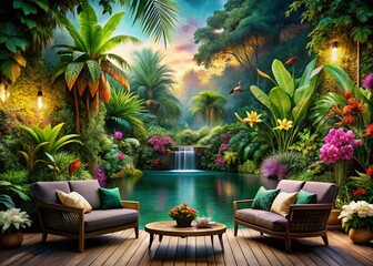 Fototapeta premium Tropical Exotic Landscape Wallpaper Hand Drawn Design for Luxury Wall Mural in Low Light Photography Style