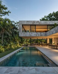 Outdoor dining area under a covered terrace. Modern concrete and wood house with swimming pool in the afternoon. Architecture. Tropical lushy garden.