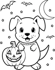 Hand-drawn ghostly dog howling full moon Spooky bat line art coloring page, kids coloring book. Generative Ai