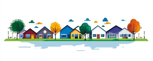 A colorful illustration of houses along a serene water body showcasing vibrant trees and playful clouds.