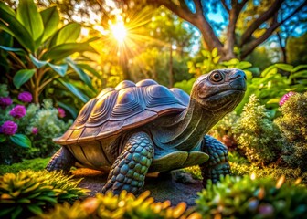 Obraz premium Turtle Statue in a Vibrant Garden Setting with High Dynamic Range Lighting and Rich Colors