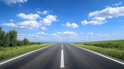 Fototapeta premium Open Straight Road with Clear Blue Sky and Fluffy Clouds, Endless Highway through Green Fields, Perfect for Travel, Road Trip, and Adventure Themes