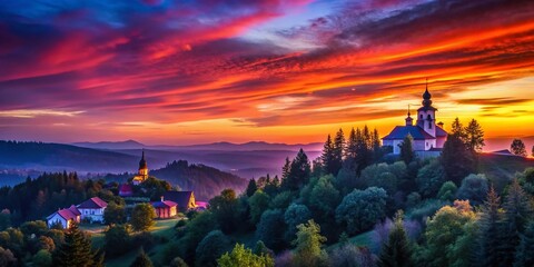 Fototapeta premium Twilight Sky After Sunset with Colorful Clouds and Silhouettes of Houses, Trees, and a Monastery on a Hill