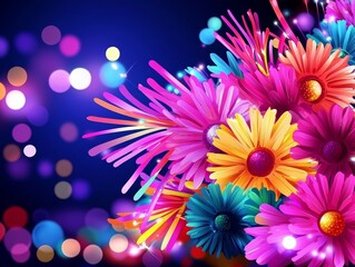 Obraz premium A vibrant arrangement of colorful flowers against a bokeh background, perfect for adding a cheerful touch to any design.