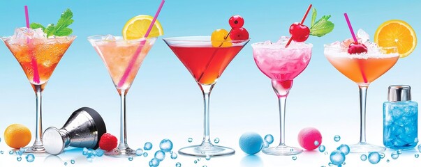 Obraz premium A vibrant collection of colorful cocktails adorned with fresh fruits and garnishes, perfect for summer gatherings.