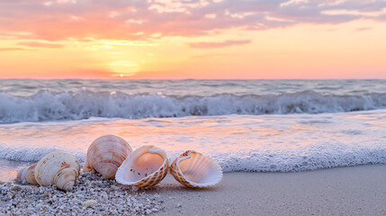 serene beach scene with seashells scattered along shore, capturing beauty of nature at sunset. gentle waves create calming atmosphere, perfect for relaxation