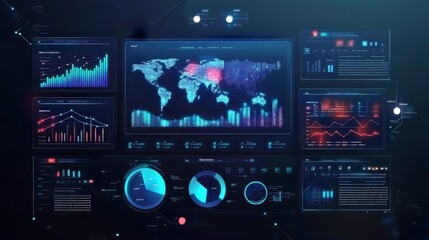Business data dashboard delivering business intelligence analytics for marketing strategy, leveraging big data to analyze customer demands and predict future business trends. Ultra-realistic