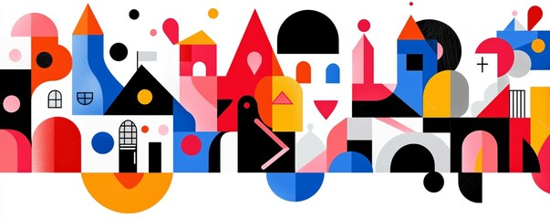 Obraz premium Colorful abstract illustration of various geometric shapes and stylized buildings, ideal for creative projects.